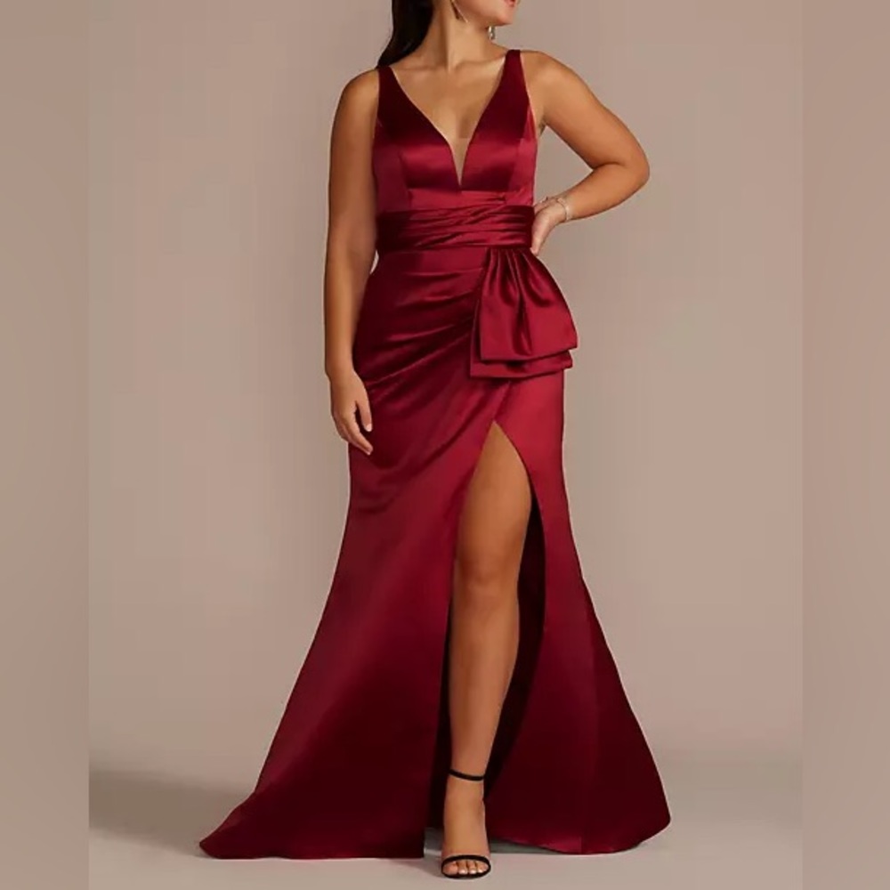 Satin formal gown with bow detail wine/maroon color
